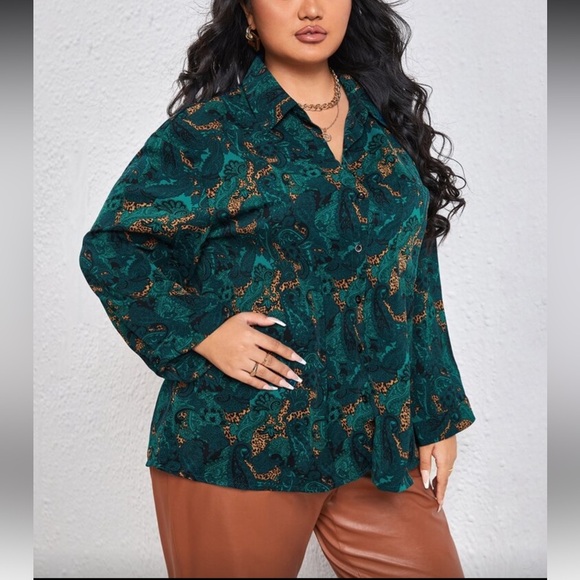 SHEIN Tops - [Shein] Paisley Emerald Print Cheetah Button Down Shirt
